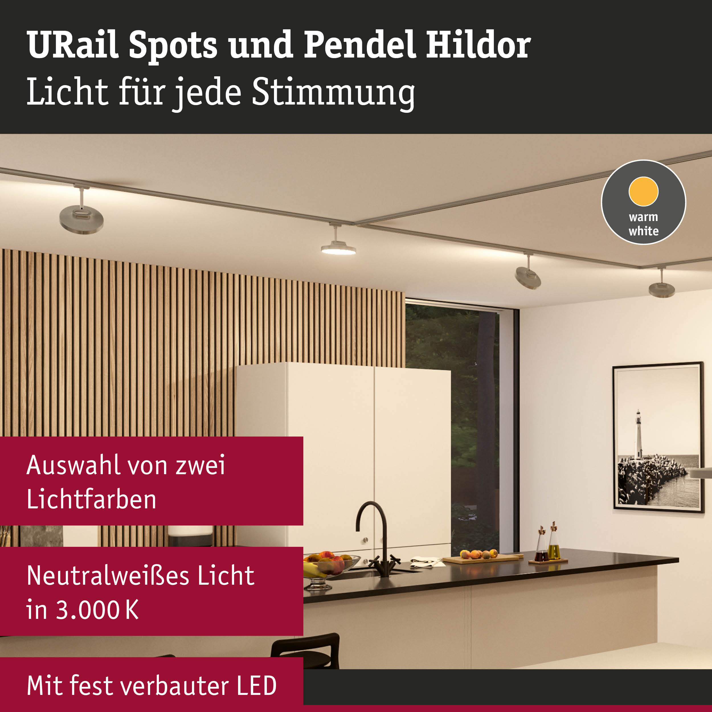 Moderne URail Spots und Pendel Hildor in warmweißem Licht über Kücheninsel mit Holzpaneelen