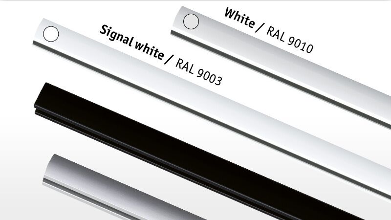 Vier URail Schienen in Signalweiß, Weiß, Schwarz und Aluminium für flexible LED-Beleuchtungssysteme