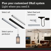 Modular URail rail system with black and white aluminium rails for flexible LED lighting setup
