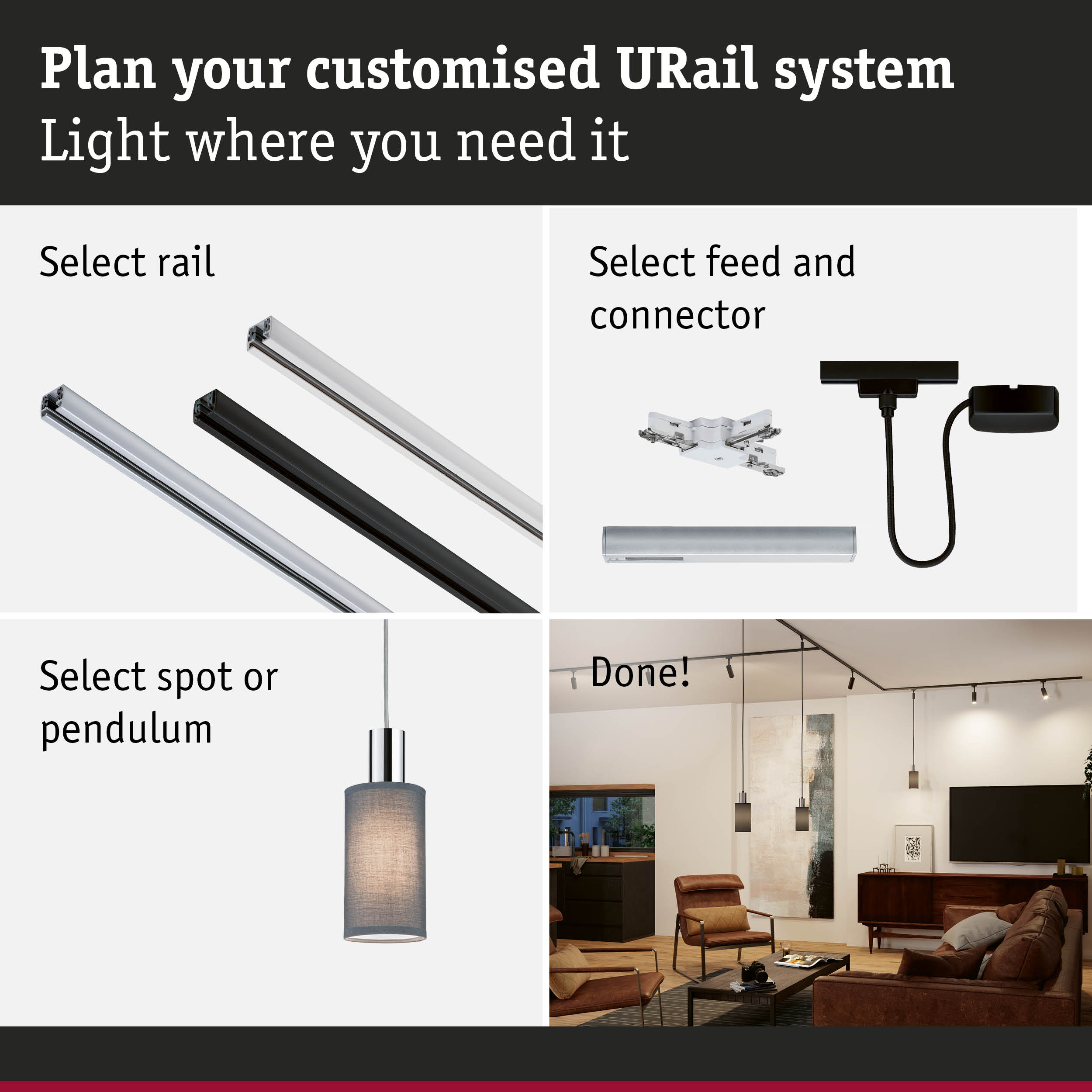 Modular URail rail system with black and white aluminium rails for flexible LED lighting setup
