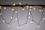 String lights with warm white LED bulbs on black wire hanging decoratively on wooden branch