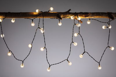 String lights with warm white LED bulbs on black wire hanging decoratively on wooden branch