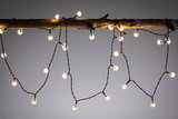 String lights with warm white LED bulbs on black wire hanging decoratively on wooden branch