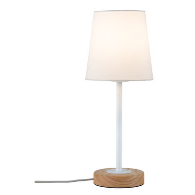Modern table lamp with white fabric shade and wooden base, perfect for ambient lighting in living rooms.