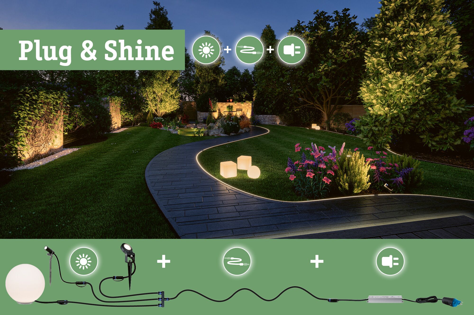 Plug & Shine Gartenbeleuchtung mit warmweißen LED-Leuchten und flexiblem Stecksystem für Außenbereiche