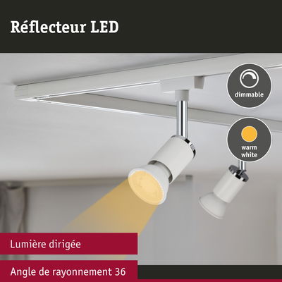 Spot LED blanc dimmable avec lumière blanc chaud et angle de rayonnement de 36 degrés fixé au plafond