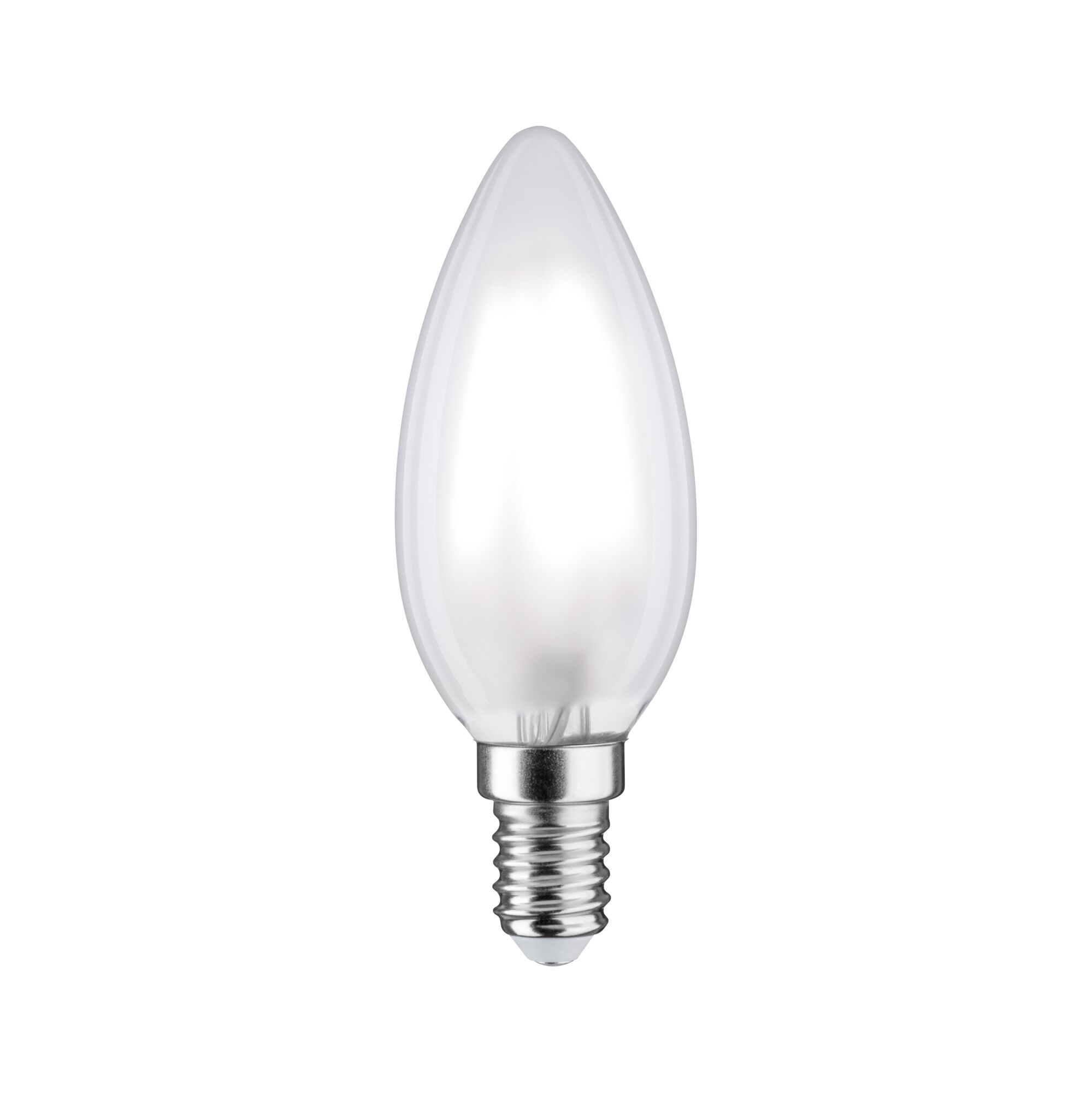 Candle-shaped LED bulb with frosted glass and E14 base in white for energy-efficient lighting