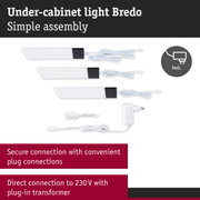 Bredo under-cabinet light in white with black connector and cable, easy assembly, 230V plug-in transformer