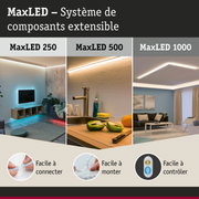 Système d'éclairage LED extensible MaxLED avec trois modèles pour salon, cuisine et salle à manger.