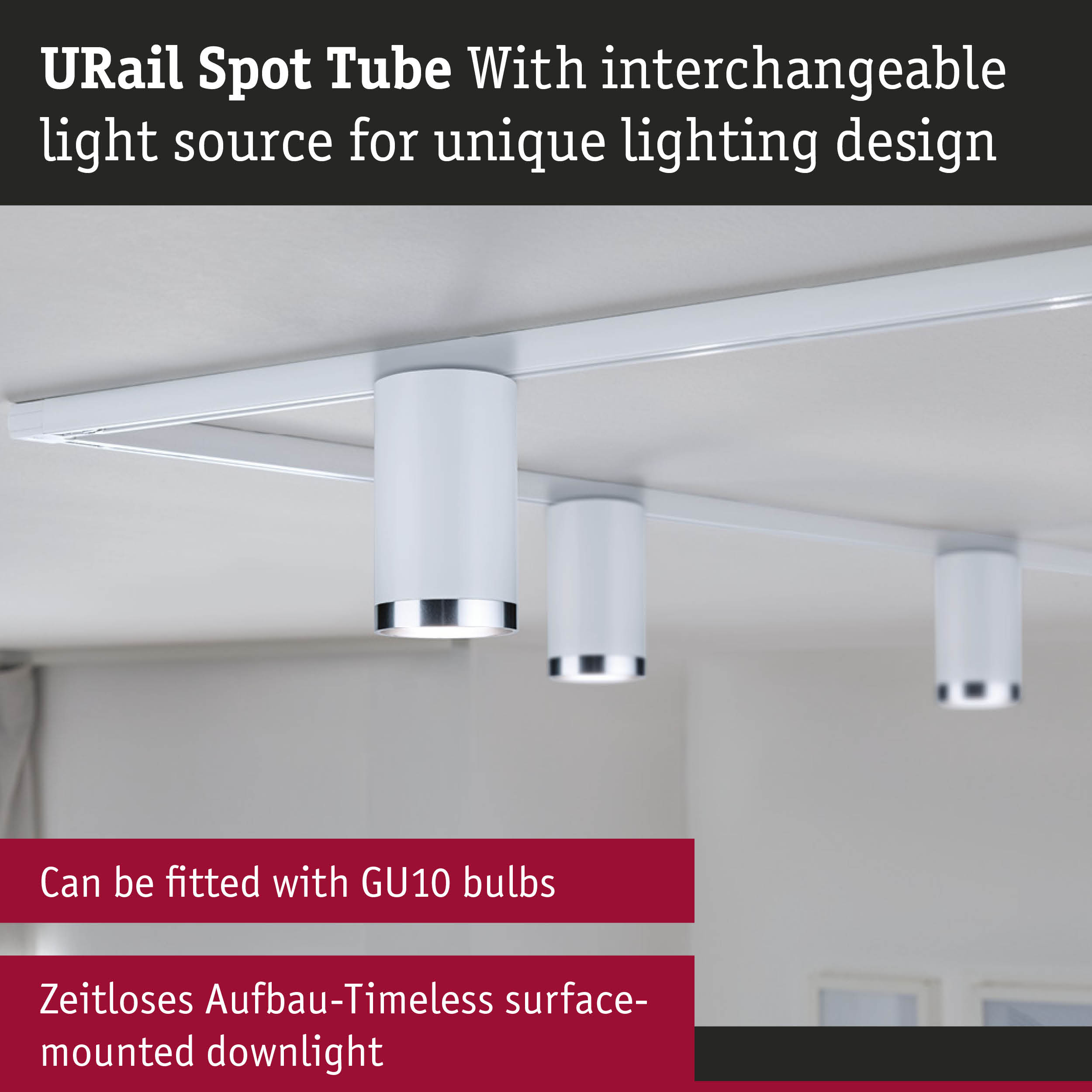 White URail Spot Tube ceiling spotlight with interchangeable light source for modern lighting design