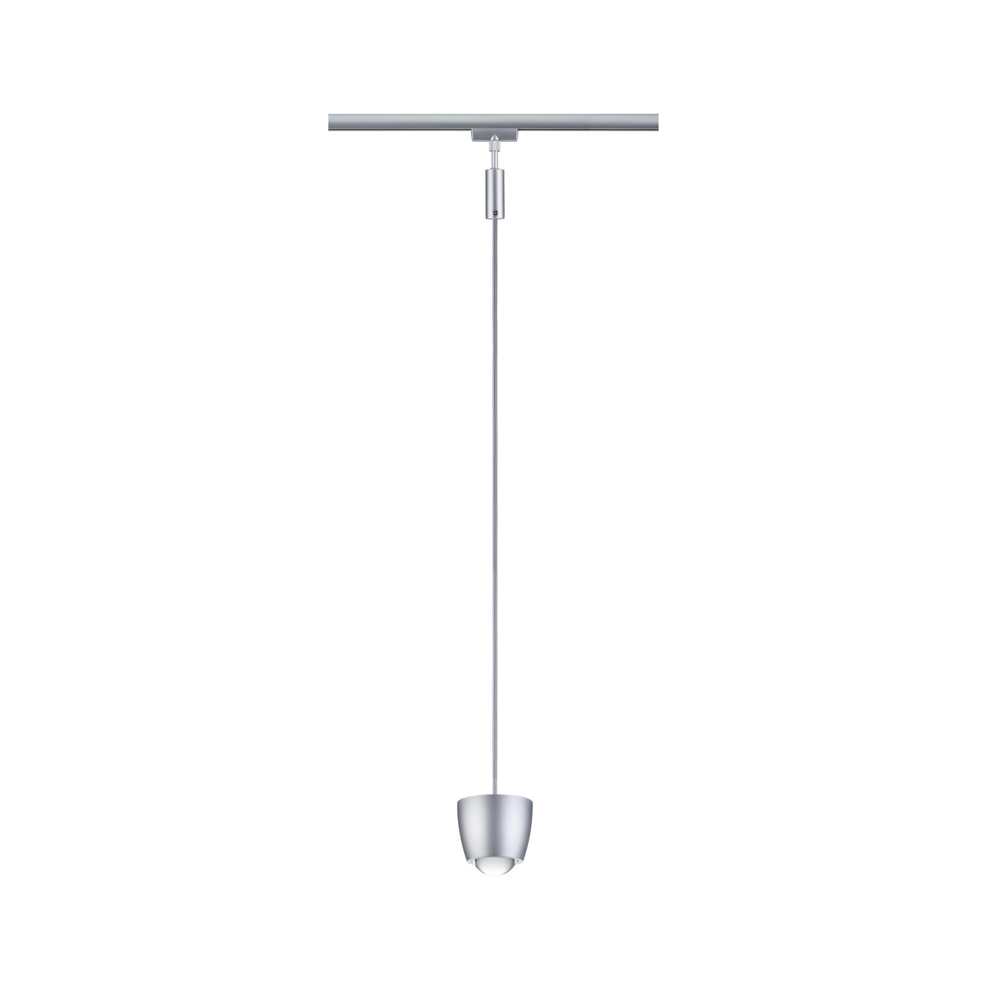 Moderne Pendelleuchte aus silbernem Metall mit schmalem Kabel und minimalistischer Form für Innenräume
