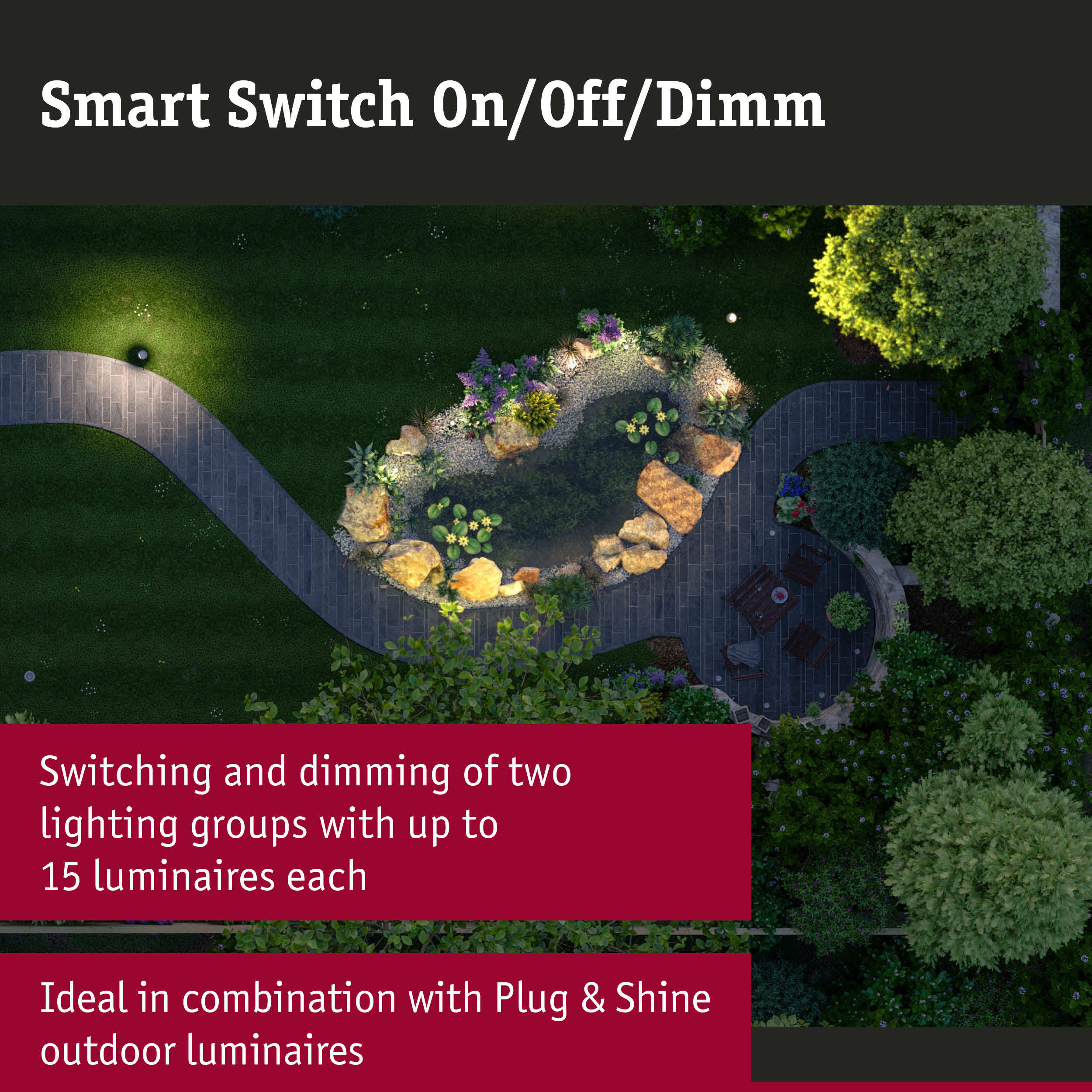 Garden with lit pond and path, perfect for smart outdoor lighting and dimmer switch control