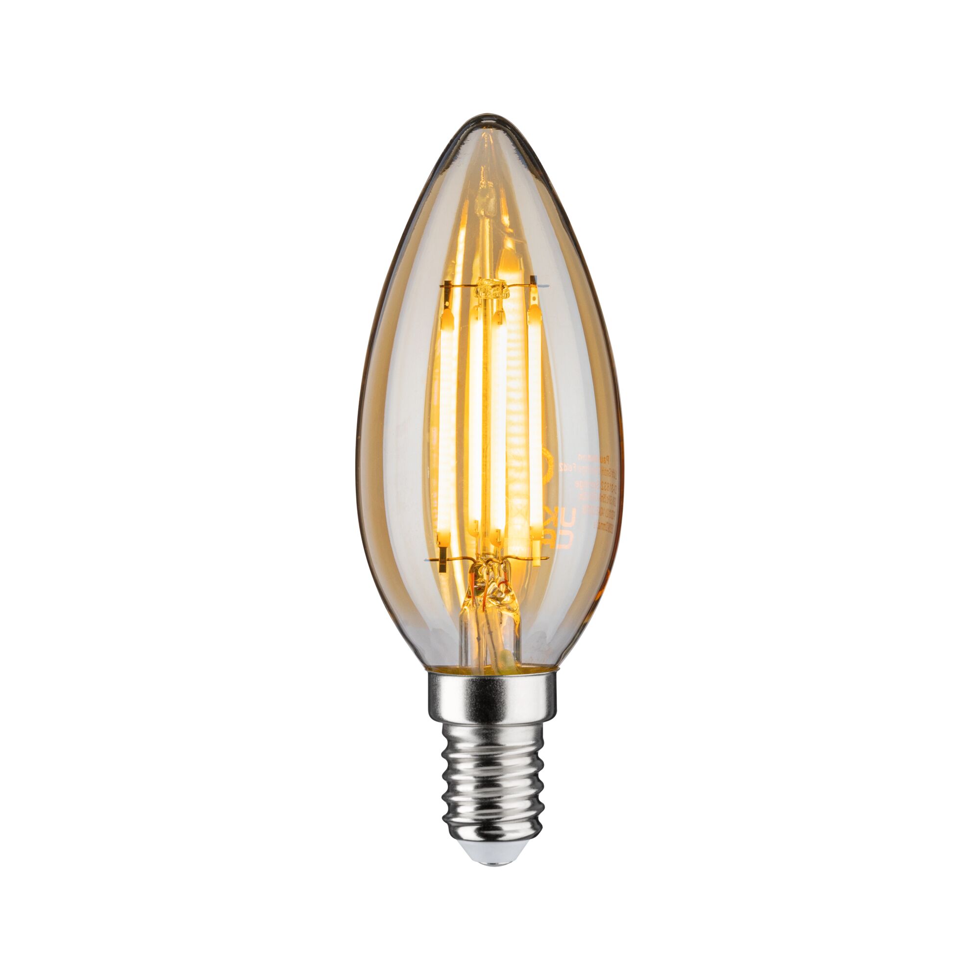 E14 35mm 2500K 4,7W 430lm 230V Gold LED candle-shaped bulb with warm white light and clear glass for decorative lighting use
