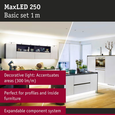 MaxLED 250 1m LED light strip for furniture and profiles, white decorative lighting accents in modern kitchen