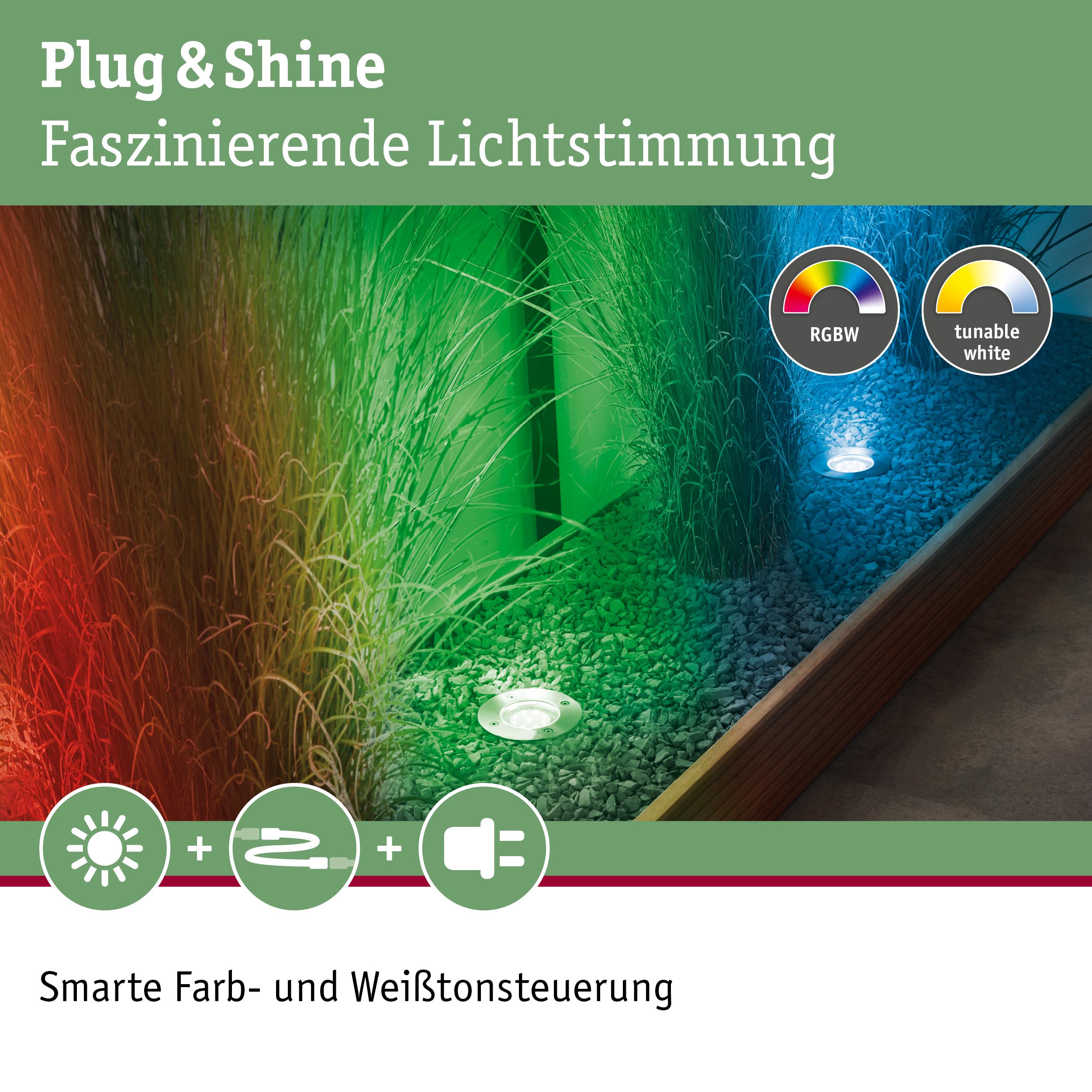 RGBW LED Bodeneinbauleuchten in Gartenbeet mit smart steuerbarer Farb- und Weißtonbeleuchtung