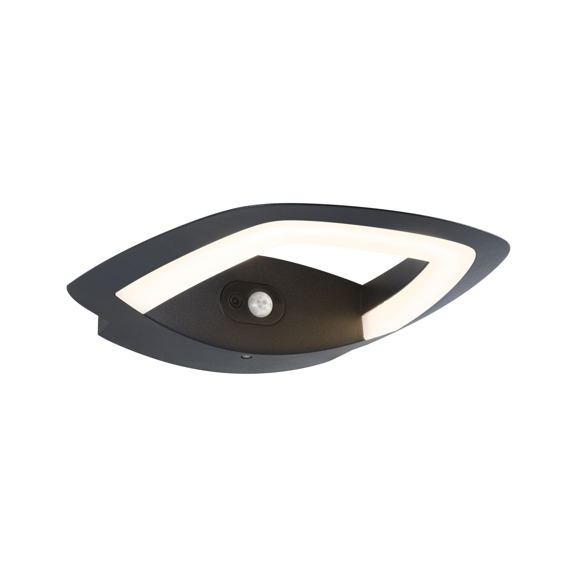 Schwarze LED-Wandleuchte mit integriertem Bewegungsmelder und modernem Design für Außenbereiche.