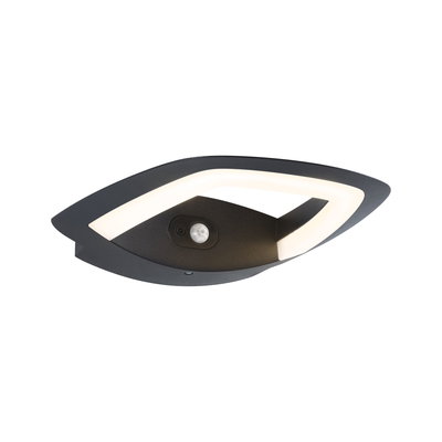 Schwarze LED-Wandleuchte mit integriertem Bewegungsmelder und modernem Design für Außenbereiche.