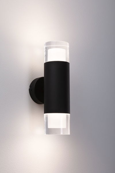 Moderne zwarte metalen wandlamp met helder acrylglas en warm wit LED-licht voor binnengebruik