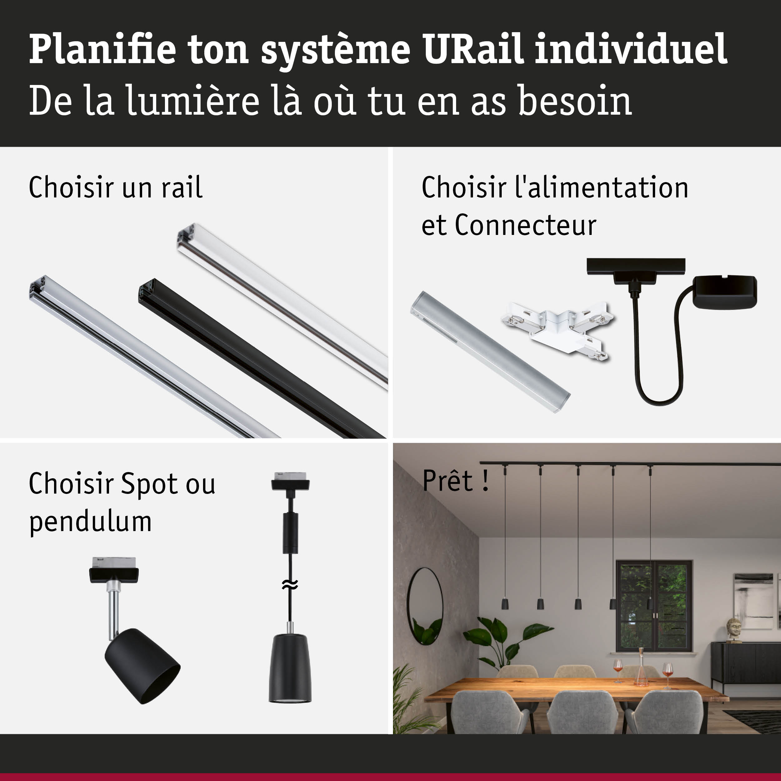 Système de rail URail modulaire noir et blanc avec spots et suspensions pour éclairage flexible