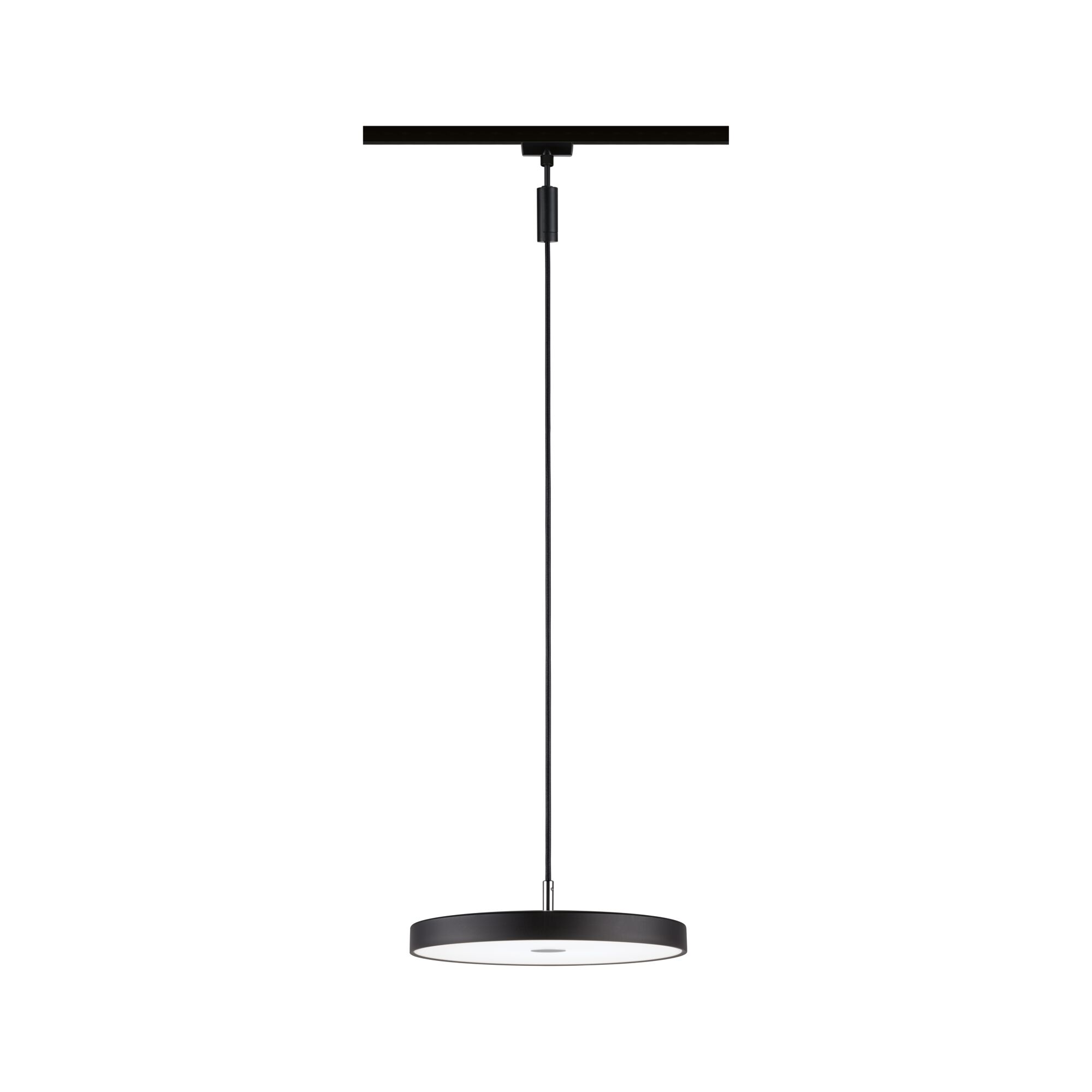 Black round metal LED pendant light with white diffuser for modern indoor lighting