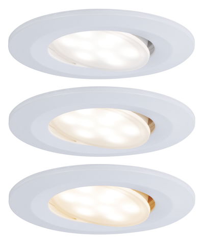 Drei weiße LED-Einbaustrahler aus Kunststoff mit schwenkbarem Leuchtkopf für flexible Beleuchtung