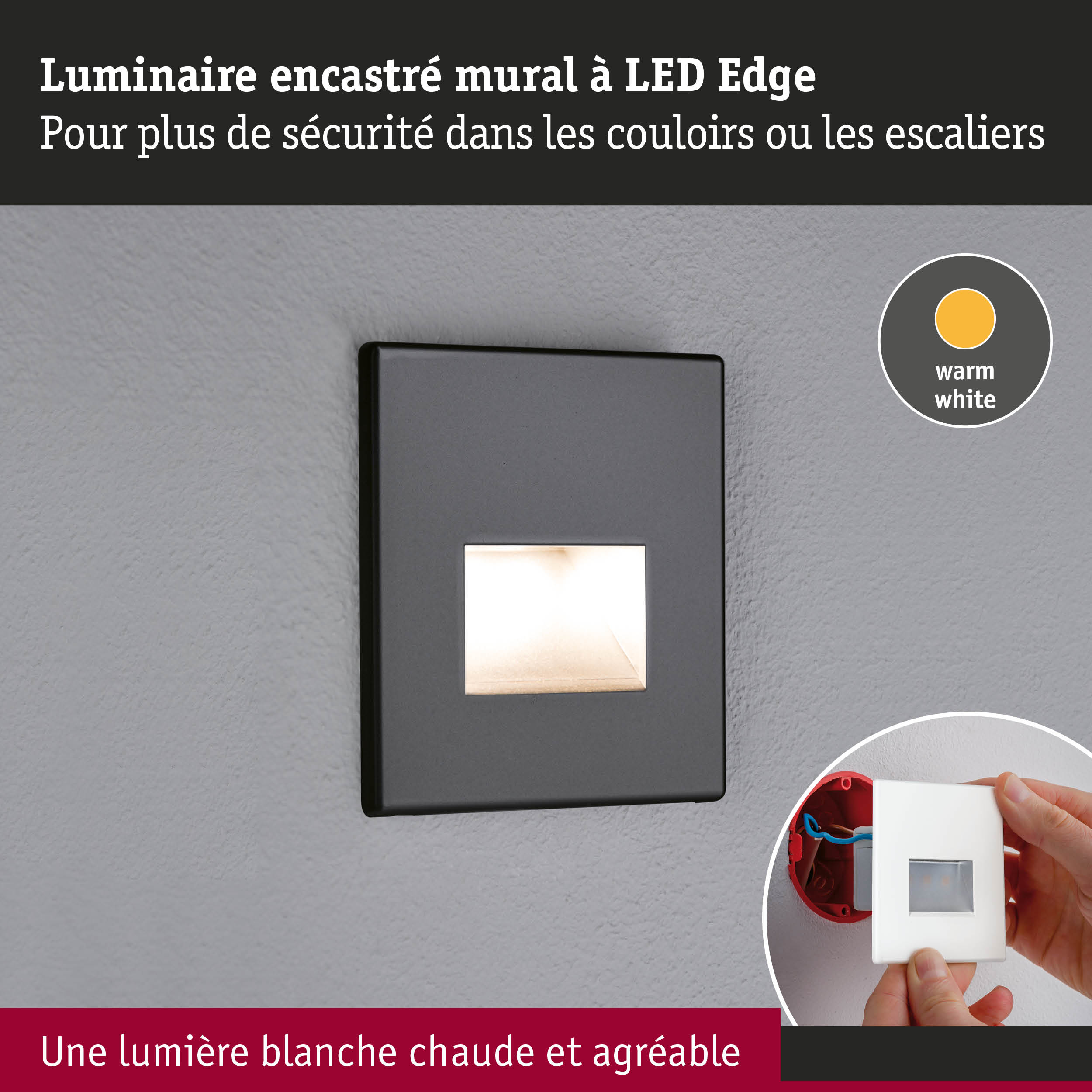 Luminaire mural LED noir en plastique avec lumière blanc chaud pour escaliers et couloirs