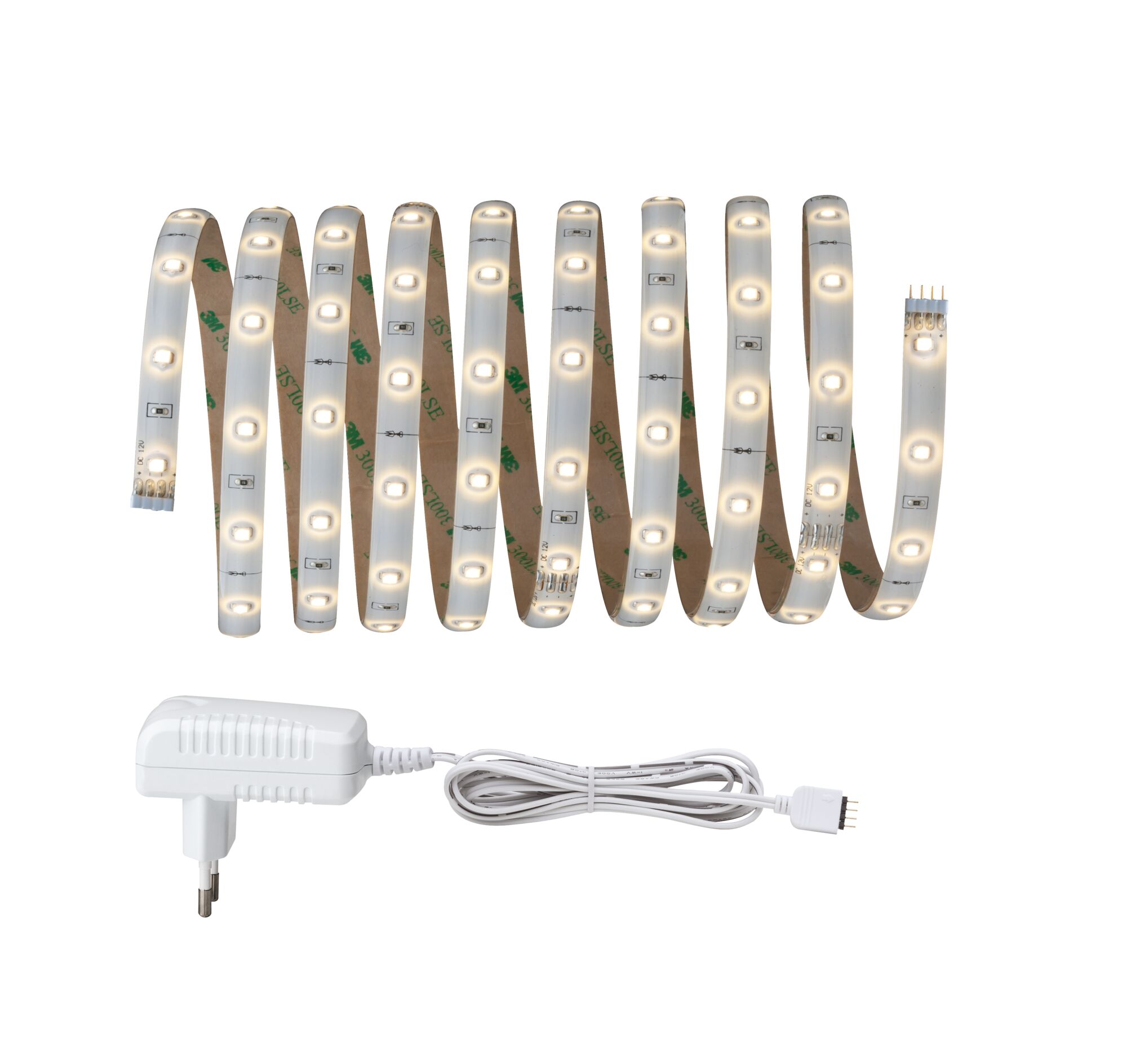Flexible LED strip with warm white LEDs and white power adapter for versatile lighting solutions