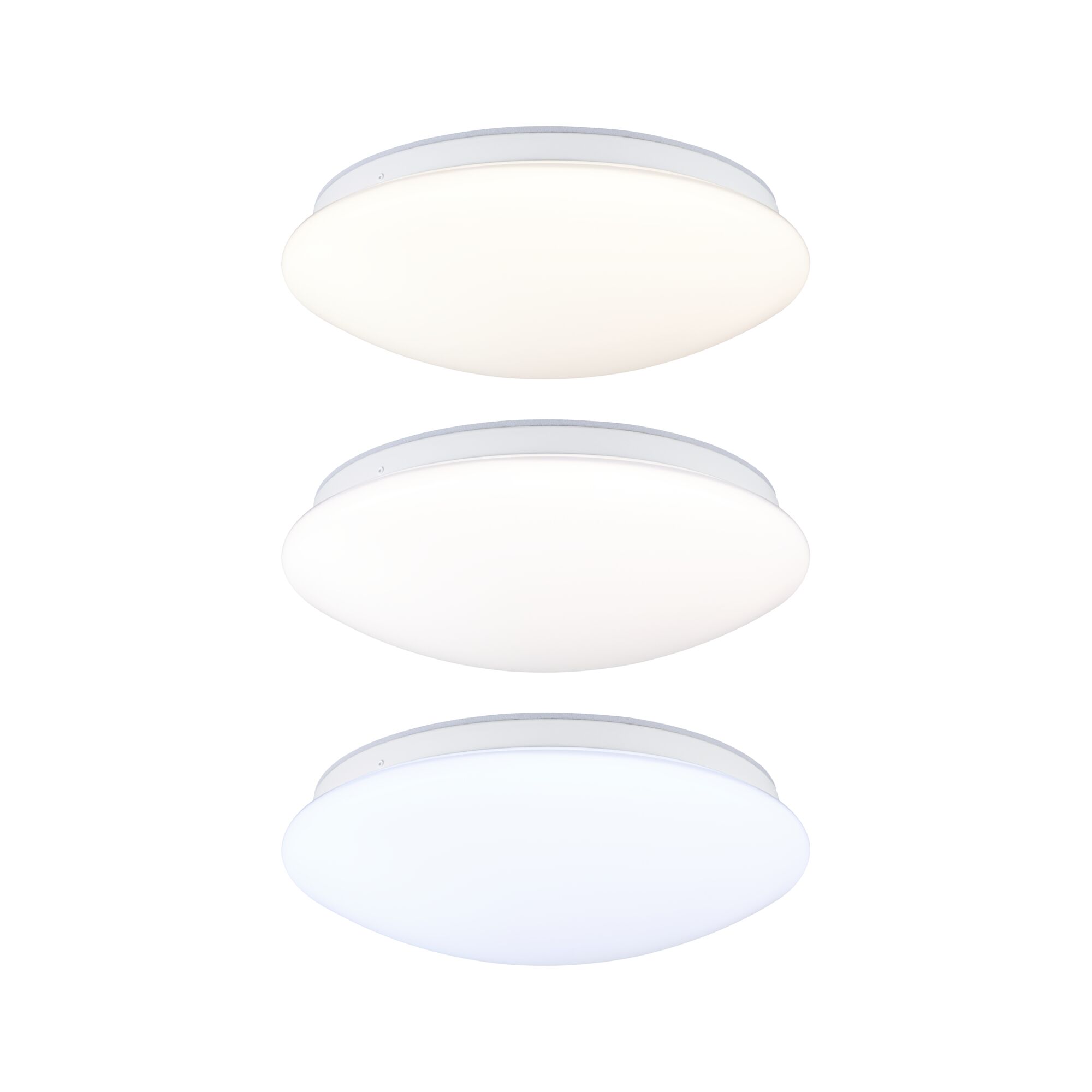 Drei runde LED-Deckenleuchten in Weiß mit Metallrahmen, dimmbar für modernes Raumlicht.