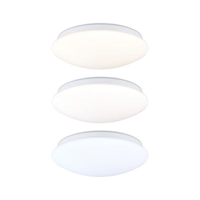 Drei runde LED-Deckenleuchten in Weiß mit Metallrahmen, dimmbar für modernes Raumlicht.