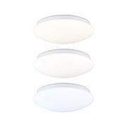 Drei runde LED-Deckenleuchten in Weiß mit Metallrahmen, dimmbar für modernes Raumlicht.