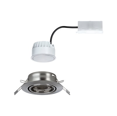 Round recessed LED spotlight housing in brushed steel with white LED module and connection cable