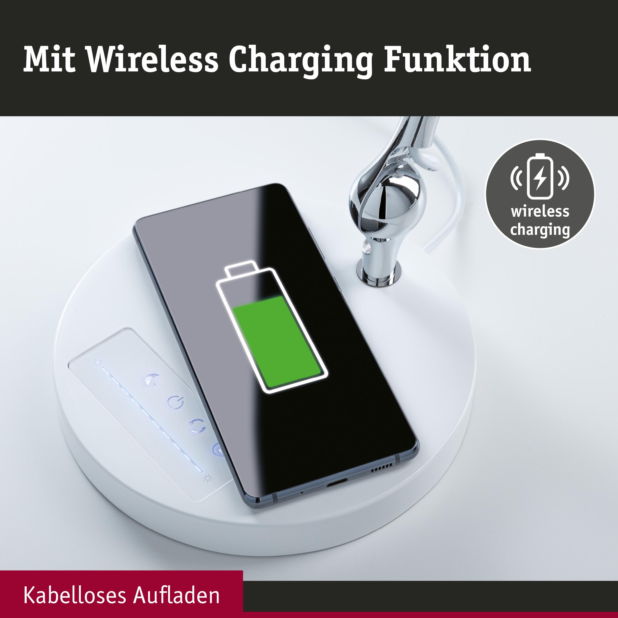 Weißer runder Lampenfuß mit kabelloser Ladefunktion und Smartphone mit grünem Akku-Symbol