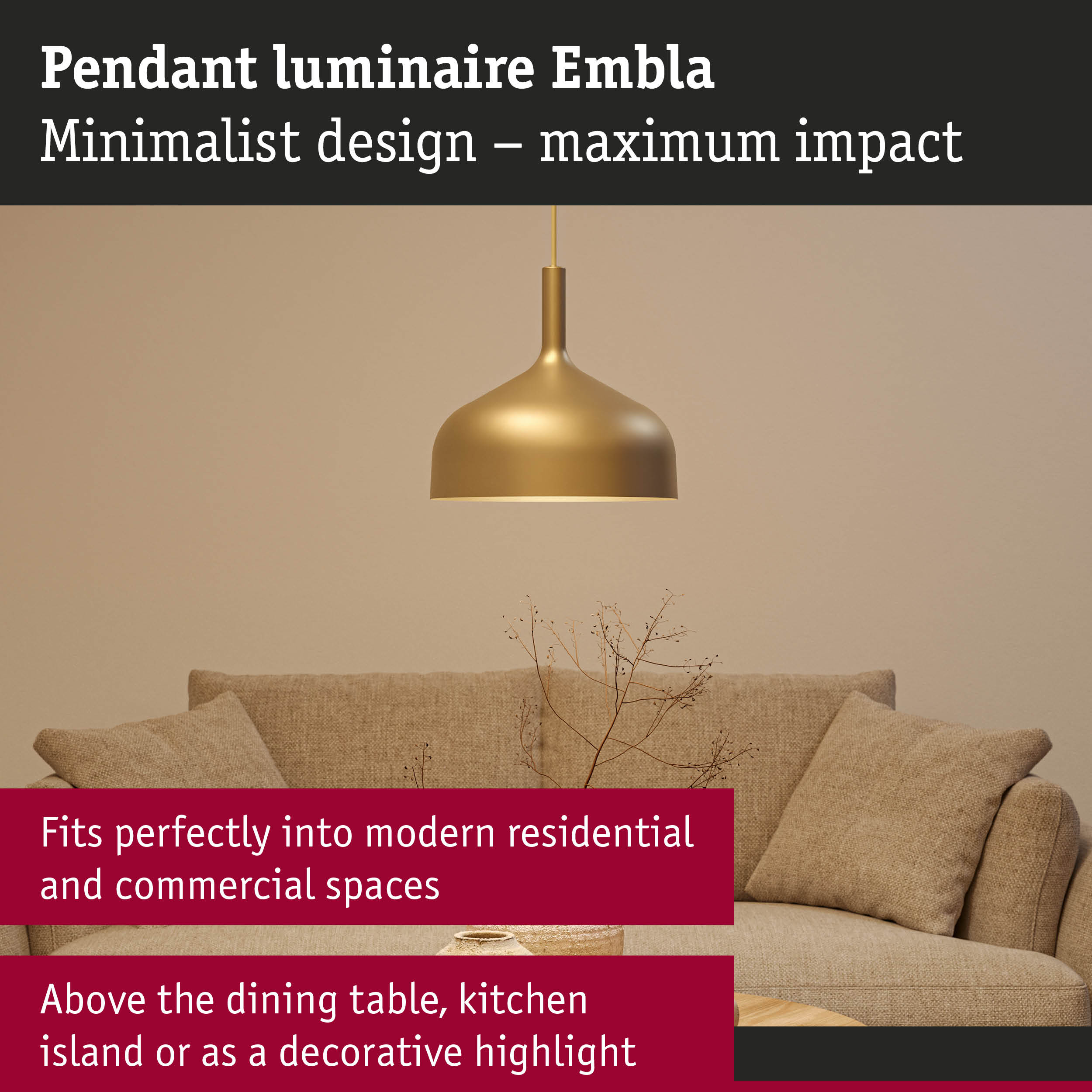 Gold metal Embla pendant luminaire with minimalist design for modern residential lighting