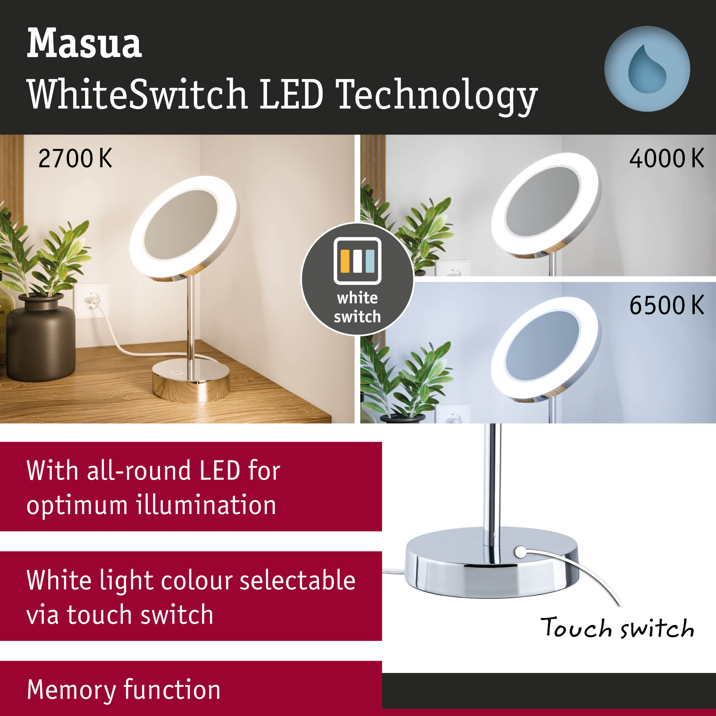Masua LED desk lamp with white switch and adjustable light colour from 2700K to 6500K