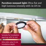 Ultra-slim furniture recessed light with 15 mm depth and 54 mm opening, energy-efficient LED lighting