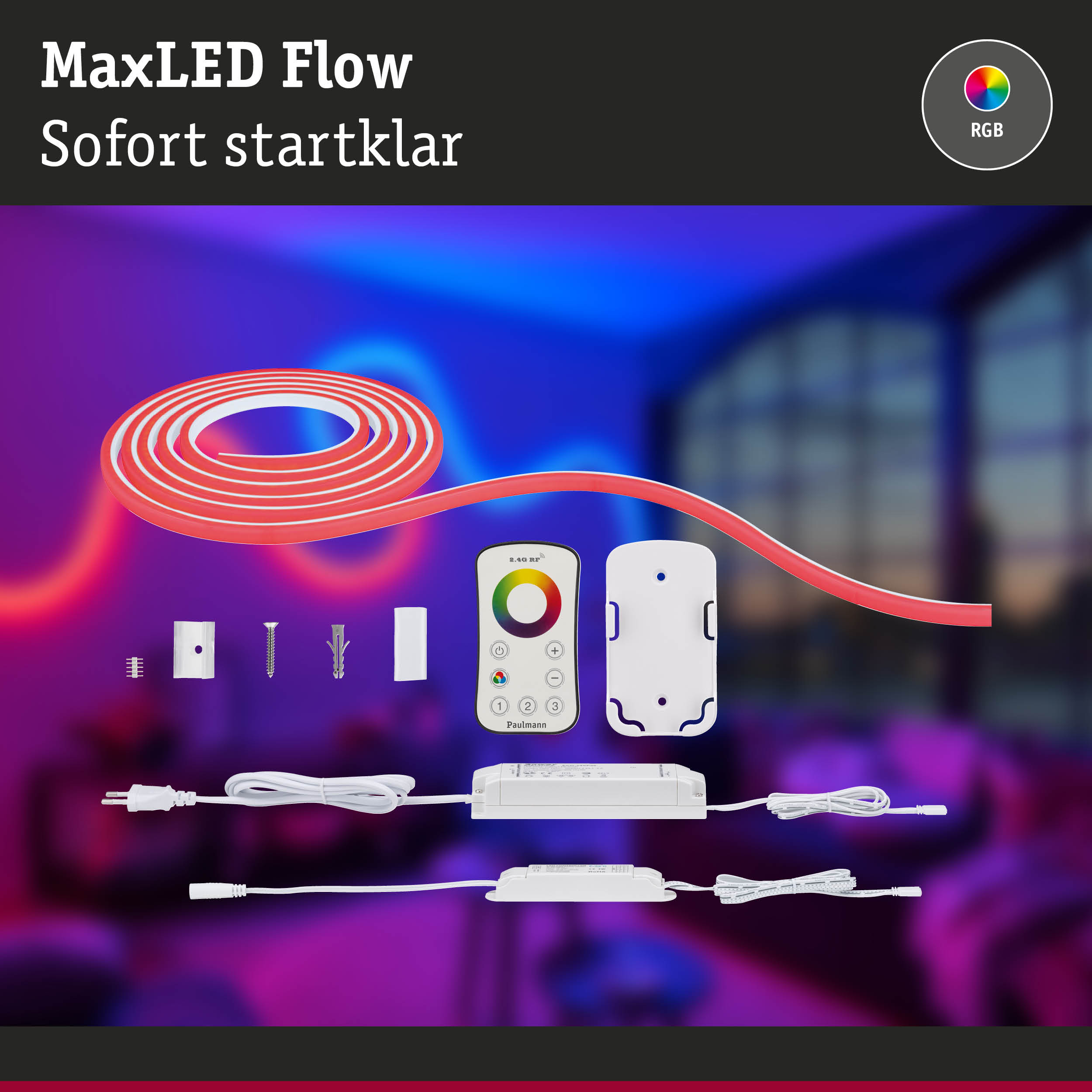 MaxLED Flow RGB LED-Lichtband in Rot mit Fernbedienung und Netzteil für smarte Beleuchtung