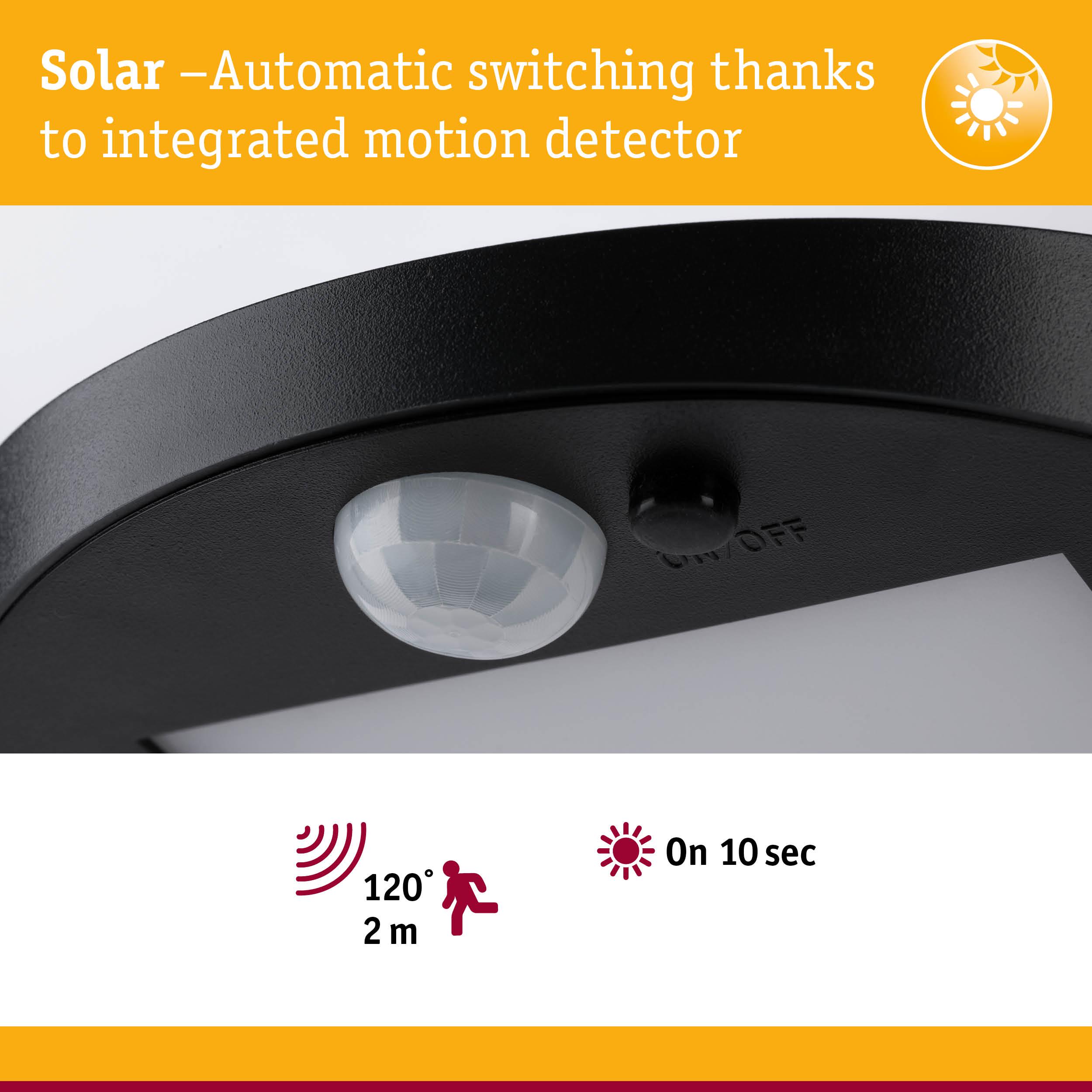 Black solar motion detector with integrated sensor and automatic switching for outdoor lighting