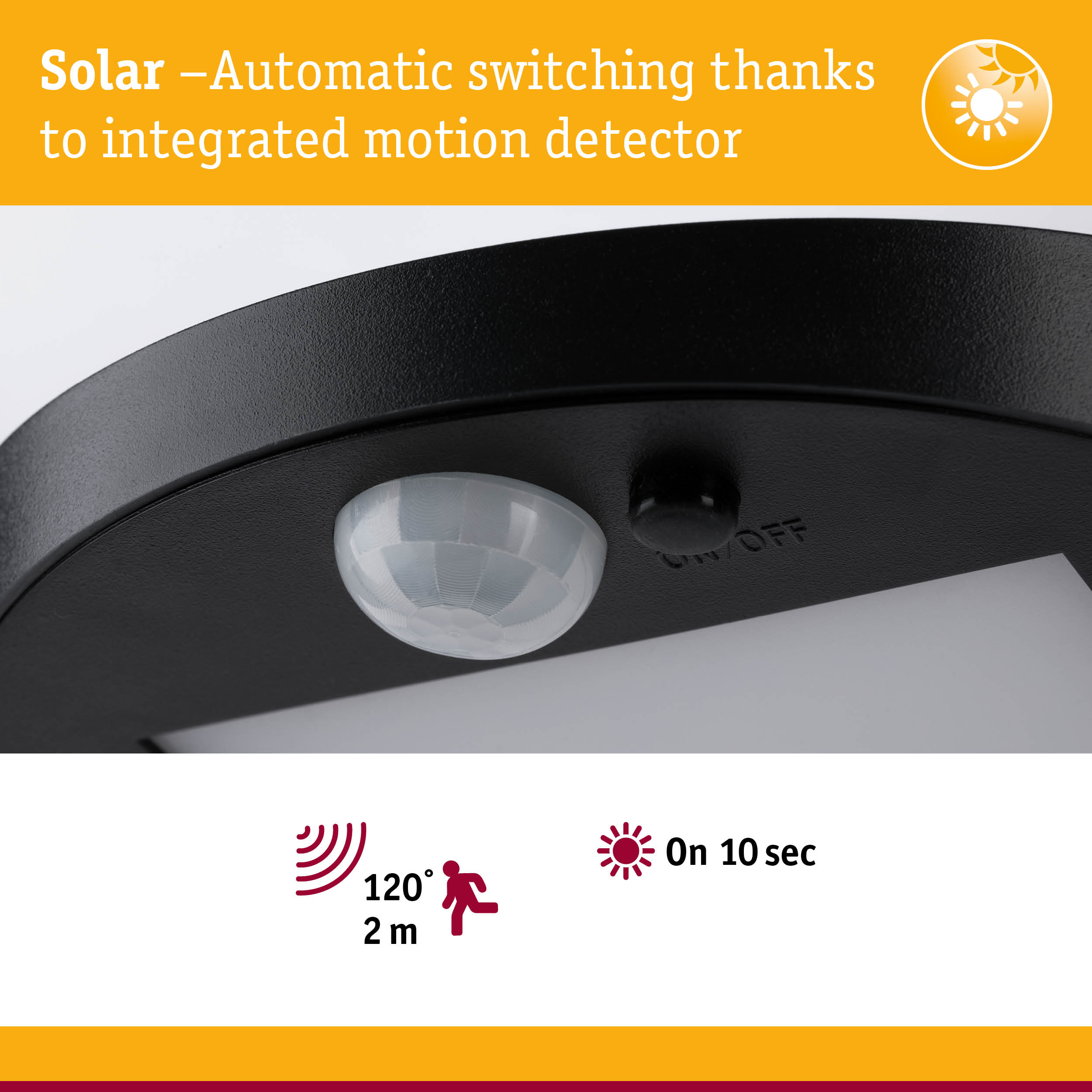 Black solar motion detector with 120° detection angle and 2 m range for outdoor lighting solutions