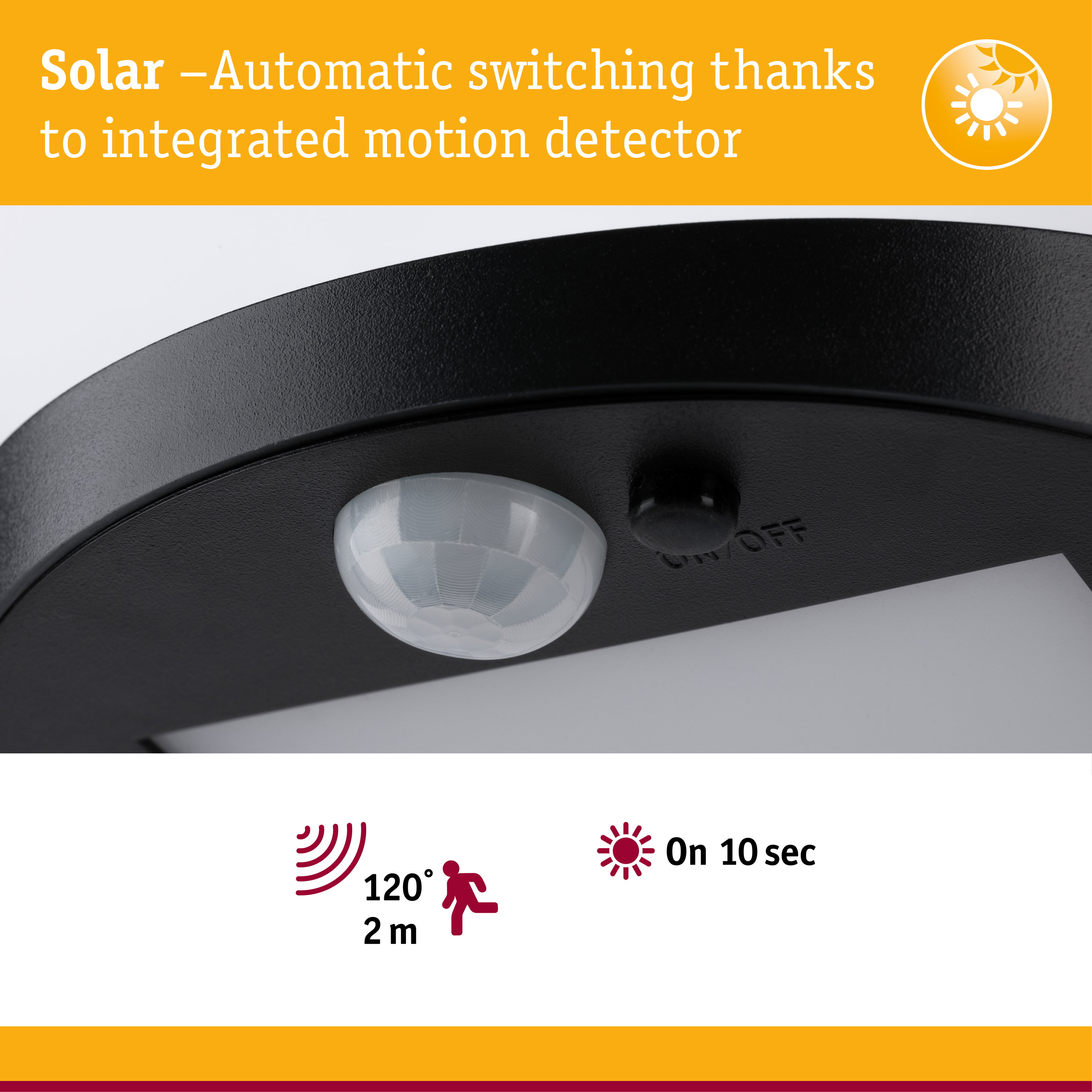 Black solar motion detector with 120° detection angle and 2 m range for outdoor lighting solutions