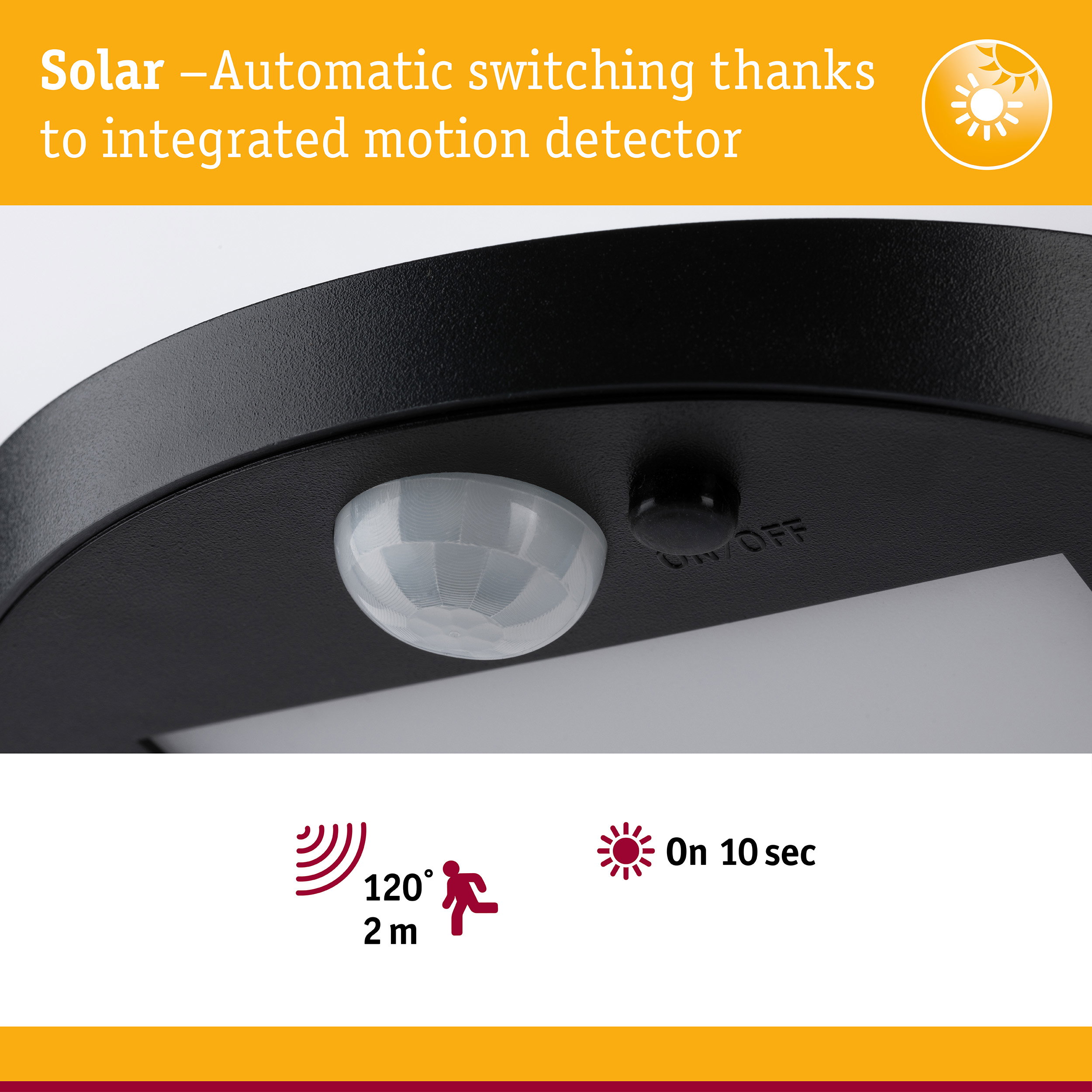Black solar motion detector with 120° detection angle and 2 m range for outdoor lighting solutions