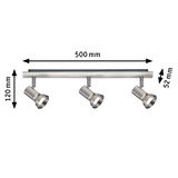 Dreiflammiger LED-Spot aus gebürstetem Edelstahl mit verstellbaren Leuchten und Maßen 500x120x52 mm