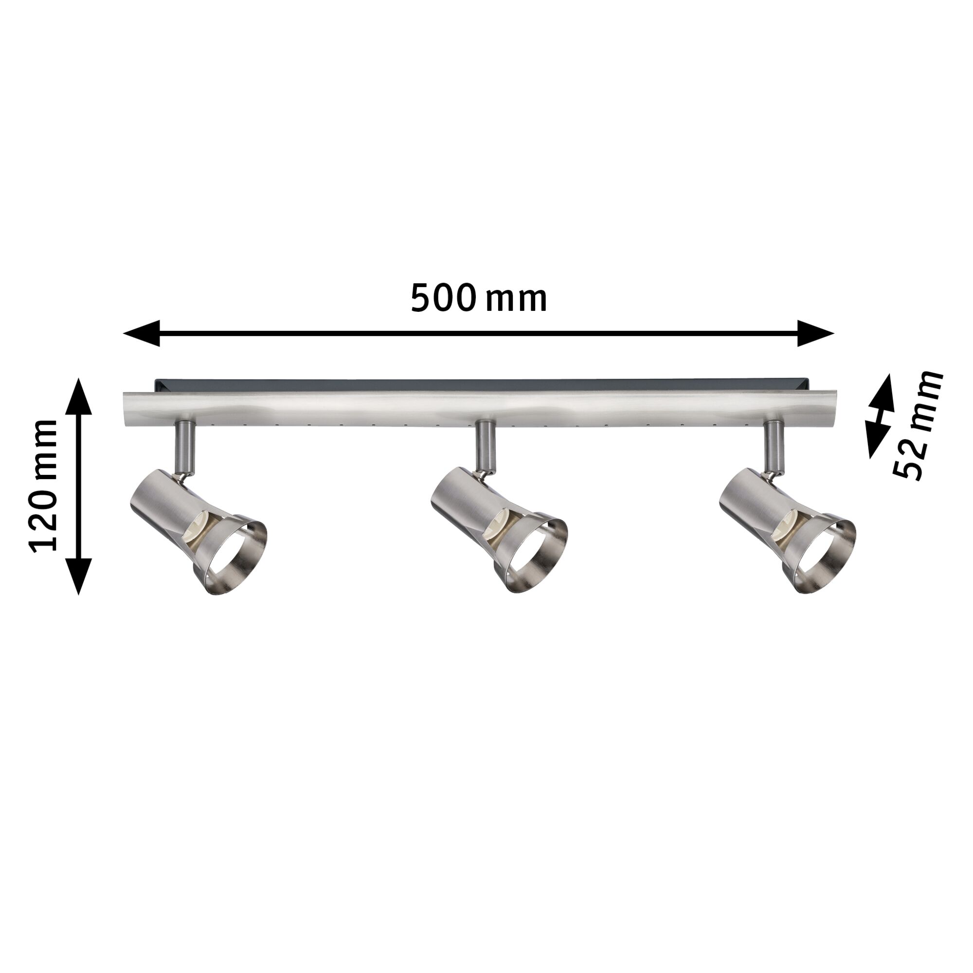Three-light LED spotlight in brushed stainless steel with adjustable heads, dimensions 500x120x52 mm