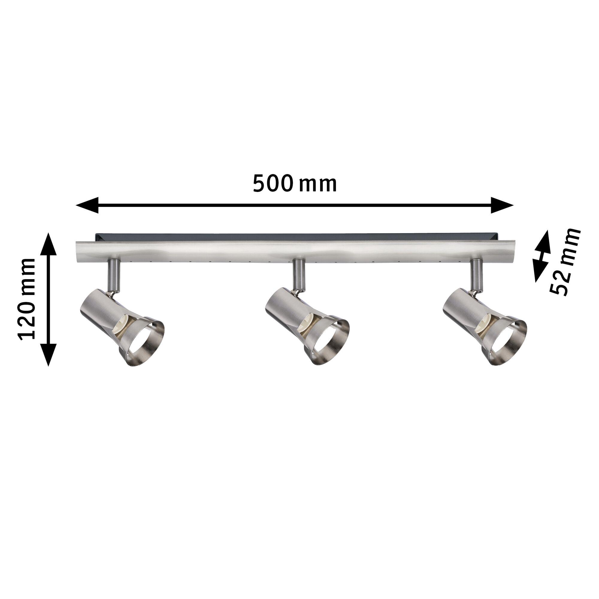 Dreiflammige LED-Deckenleuchte aus gebürstetem Edelstahl mit verstellbaren Spots und Maßen.