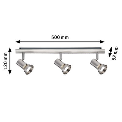 Plafonnier LED à trois lampes en acier inoxydable brossé avec spots réglables et dimensions.