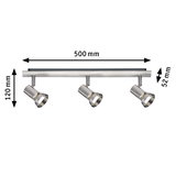 Three-light LED ceiling lamp in brushed stainless steel with adjustable spotlights and dimensions.