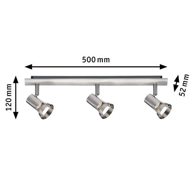 Three-light LED ceiling lamp in brushed stainless steel with adjustable spotlights and dimensions.