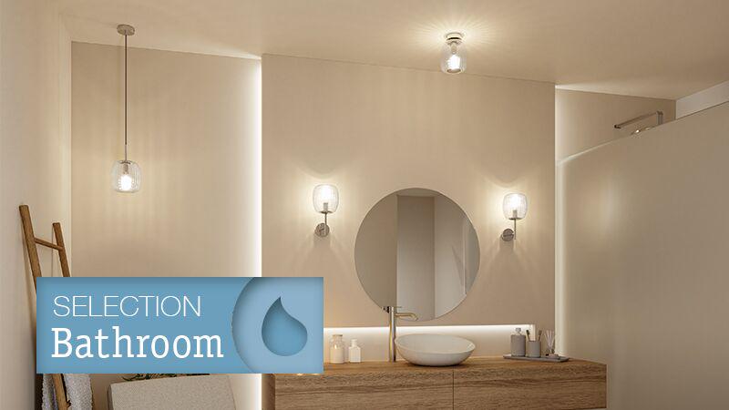 Modernes Badezimmer mit runden Wandlampen und Deckenleuchte in warmweißem Licht und Holzwaschtisch