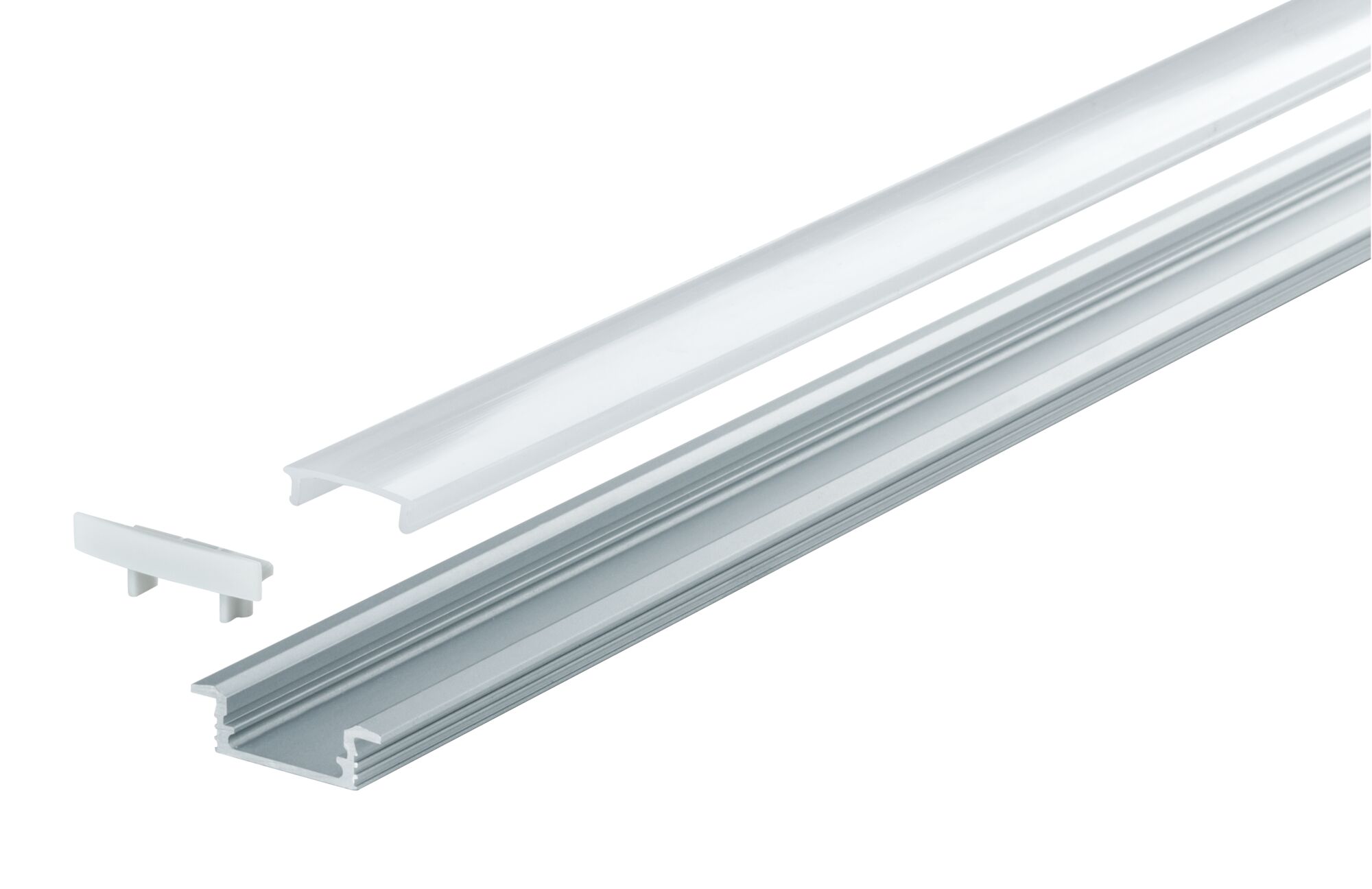 Zilverkleurig aluminium LED-profiel met matte kunststofkap en eindkap voor LED-strip montage.