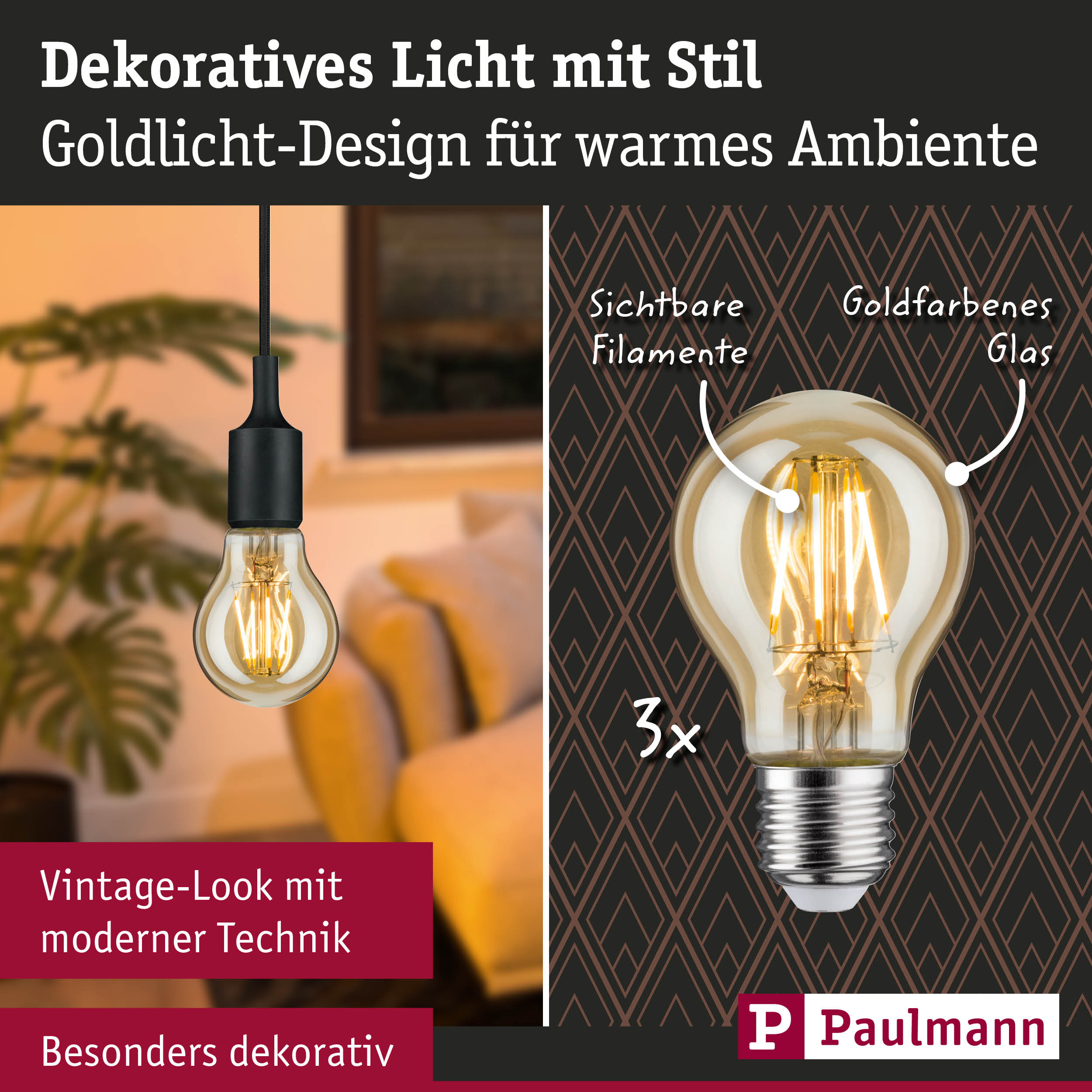 Goldfarbene Glühbirne mit sichtbaren Filamenten und schwarzem Kabel für dekorative Beleuchtung im Vintage-Stil