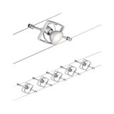 Modern cable lighting system with six silver metal LED spotlights for flexible room illumination